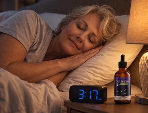 Woman in her fifties sleeping peacefully at night beside a bottle of YuSleep on the nightstand