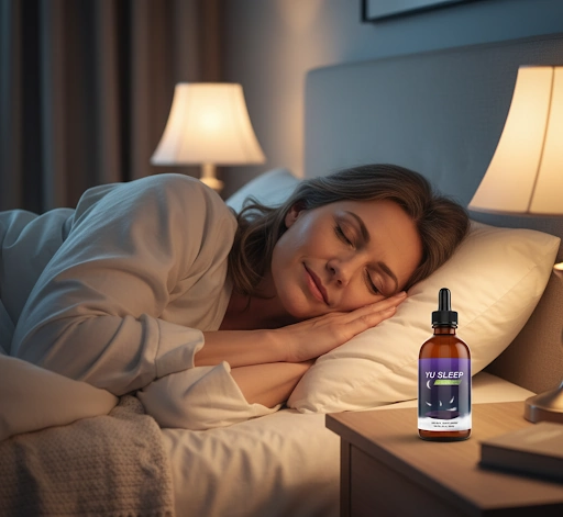 Woman resting peacefully in bed at night with a bottle of YuSleep on the nightstand as part of her nightly routine